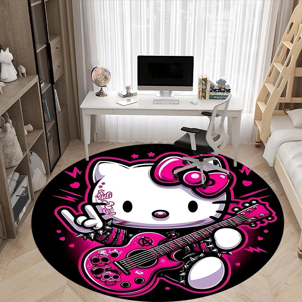 1 шт. Круглый коврик Hello Kitty для офиса - Идеально подходит для декора офиса или кабинета, Можно стирать в машине, Нескользящая основа, Декоративный коврик для пола