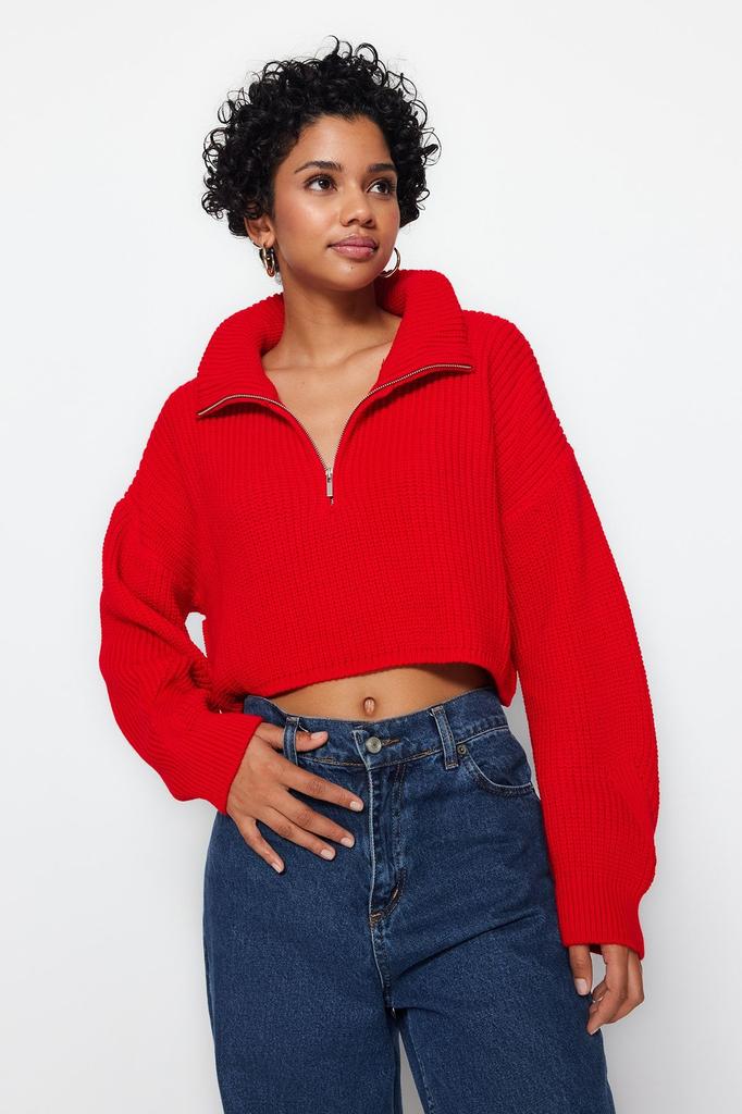 Женский свитер в элегантном стиле, суперукороченный трикотаж с застежкой-молнией и камнем