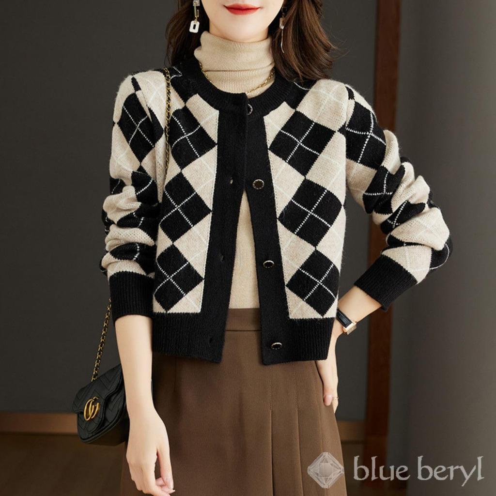 Knit Argyle Gold Box Round Slender Long Delicate Front Body Shape Front Warm Stylish Assemble 10 Ivory Cardigan, Pattern, Women's, Buttons, Jacket,