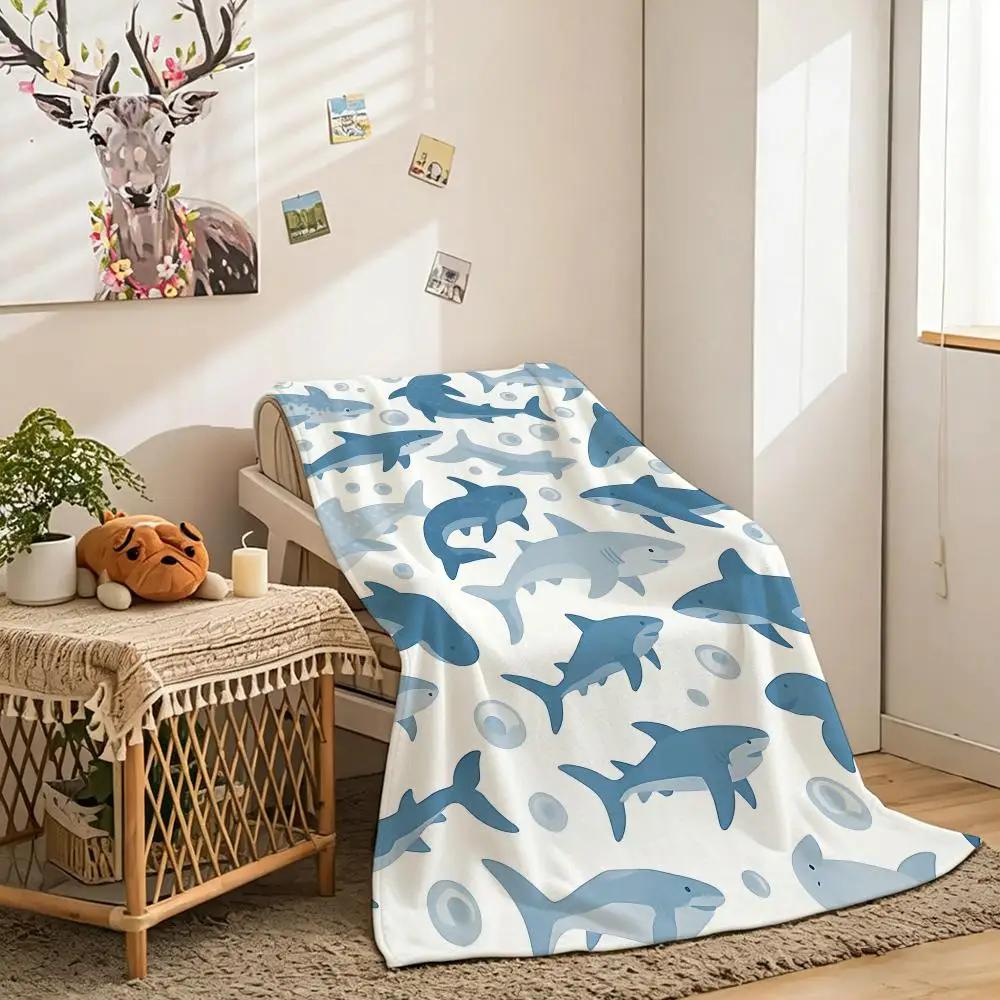 1pc shark print Throw Lightweight 240g Flannel Blanket Soft Skin-friendly for Summer Cooling
