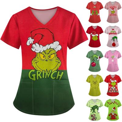 Женские модные топы с короткими рукавами и V-образным вырезом с принтом, рабочие футболки с карманами