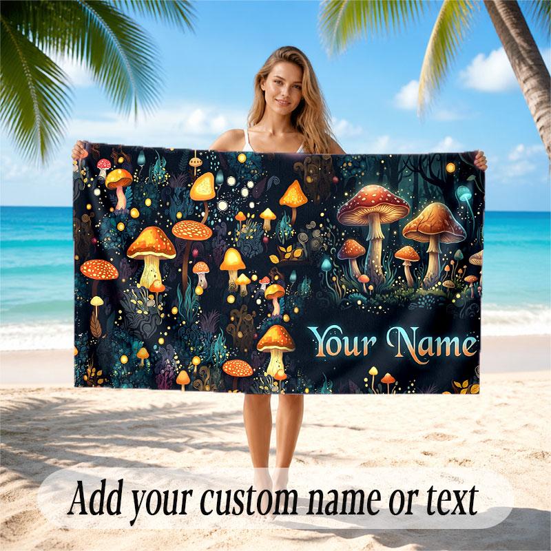 Mushroom Forest Theme Soft Beach Towel Personalized Custom Name Text Towel Portable for Beach Pool Travel