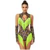 Women Leopard Print Latin Bodysuit Oversleeve Tassel Keyhole Backless Hollow Waist Button Crotch Leotard