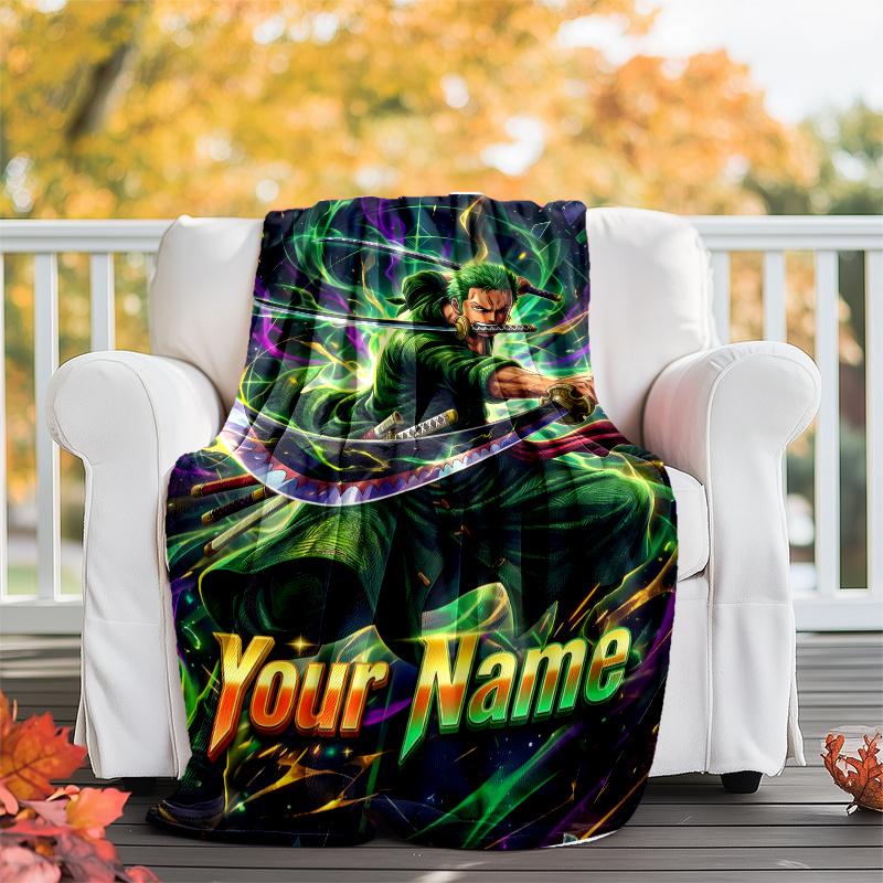 1pc Personalized Name Zoro Theme Blanket - Digital Print, Polyester, Cozy for All Seasons, Perfect for Outdoor, and Travel