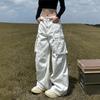Unisex Retro White Pleated Cargo Pants: Versatile, Slimming, Loose Straight-Leg Design with Multiple Pockets.