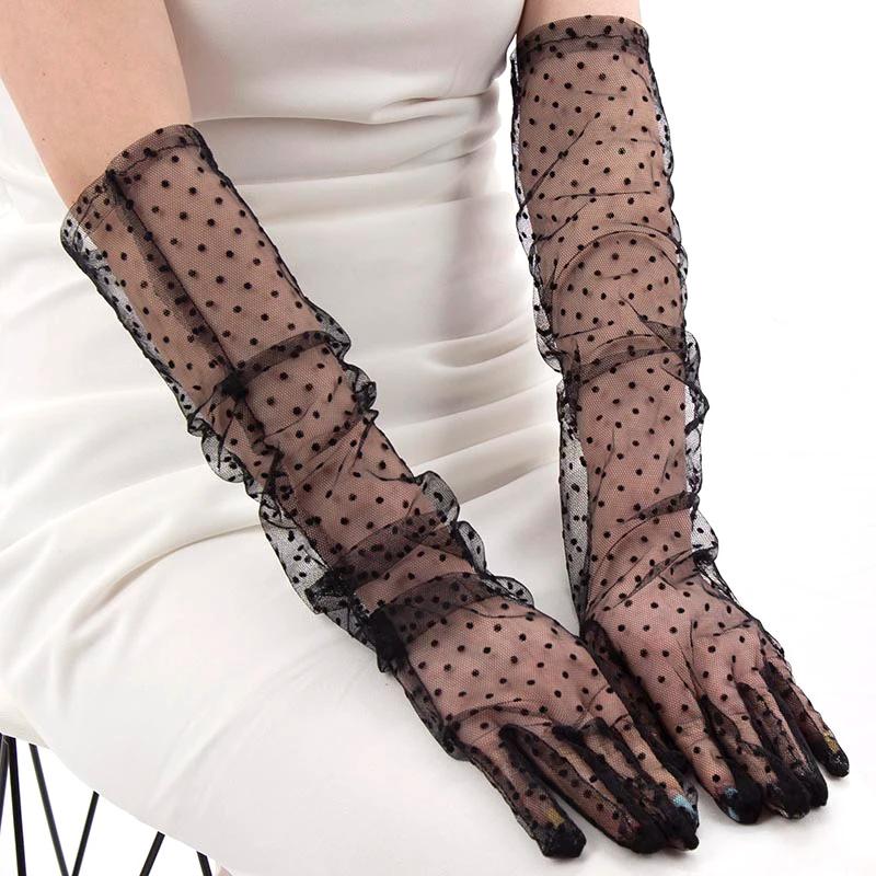 1-4Pair Fashion Women Black White Dot Lace Long Tulle Gloves Bride Wedding Stretchy Full Finger Transparent Thin Lady Mesh Glove