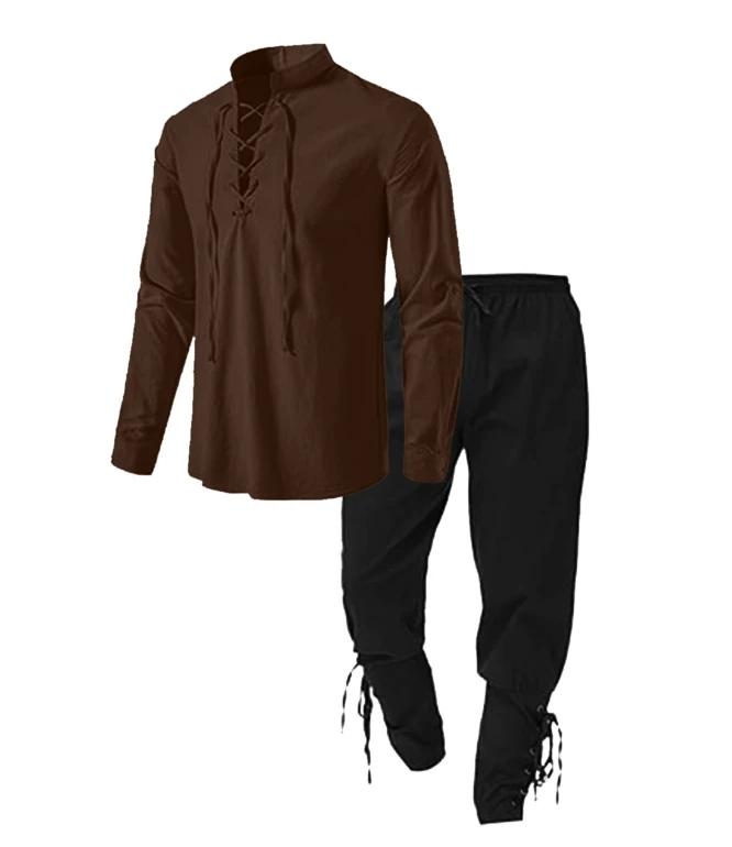 2Pcs Retro Vintage Medieval Renaissance Cosplay Costume Outfits Pirate Viking Halloween Casual Daily LARP Ren Faire Shirt Pants
