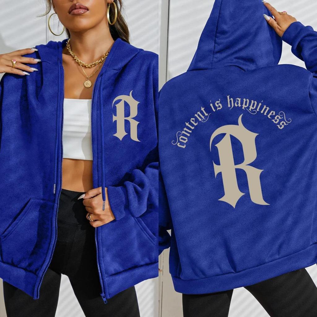 Контент - это счастье Толстовка с капюшоном на молнии с узором в виде буквы R Женская модная повседневная толстовка Свободная многоцветная худи Одежда