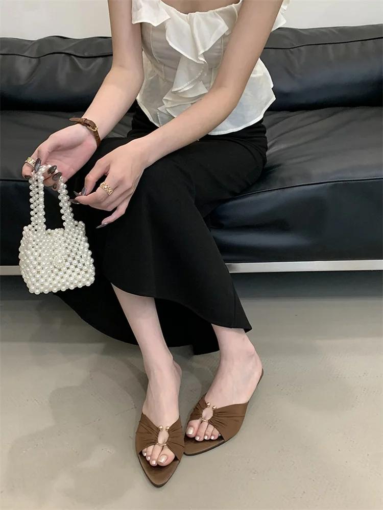 Мода Eilyken Модный дизайн Плиссированные Ажурные Тонкие Низкие Каблуки Женские Шлепанцы Летние С Острым Носком Вечернее Платье Женская Обувь