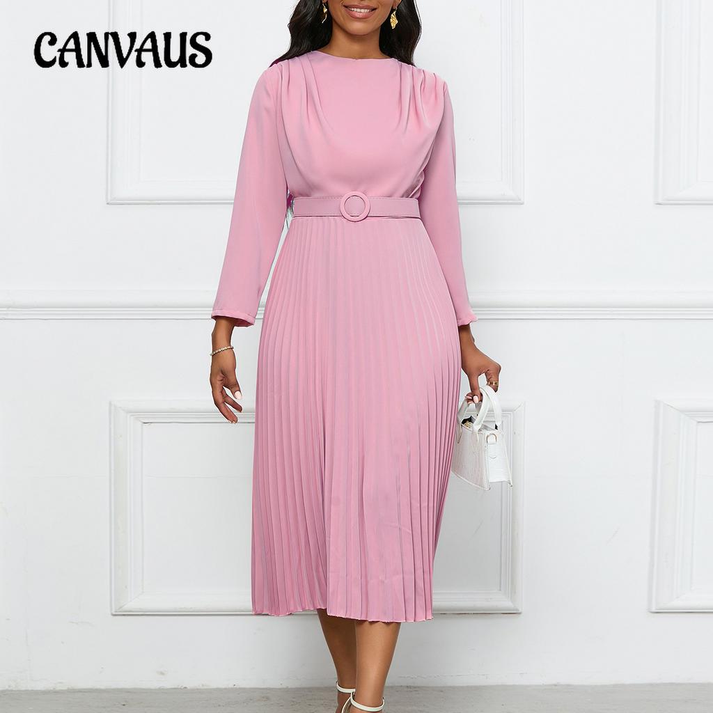 Women's Dress Spring and Autumn Temperament Elegant Pressed Pleated Commuter OL Solid Colour Plus Size Dresses