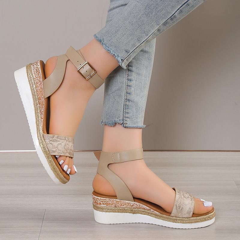 Летние босоножки на танкетке для женщин, римские босоножки на платформе с пряжкой, женские с открытым носком, толстая подошва, нескользящие, сандалии, женские, большие размеры