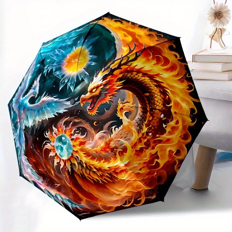 1pc The Dance of Fire and Ice Dragons Fully Automatic Folding Portable Umbrella, 8 Iron Frames, Three-Fold Design, Suitable for All Seasons, Suit