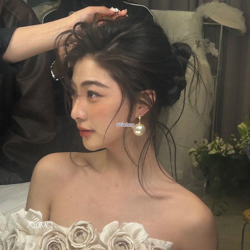 Большие серьги-подвески с французским жемчугом: Ретро Гонконгский стиль, Свадебные аксессуары в стиле легкой роскоши