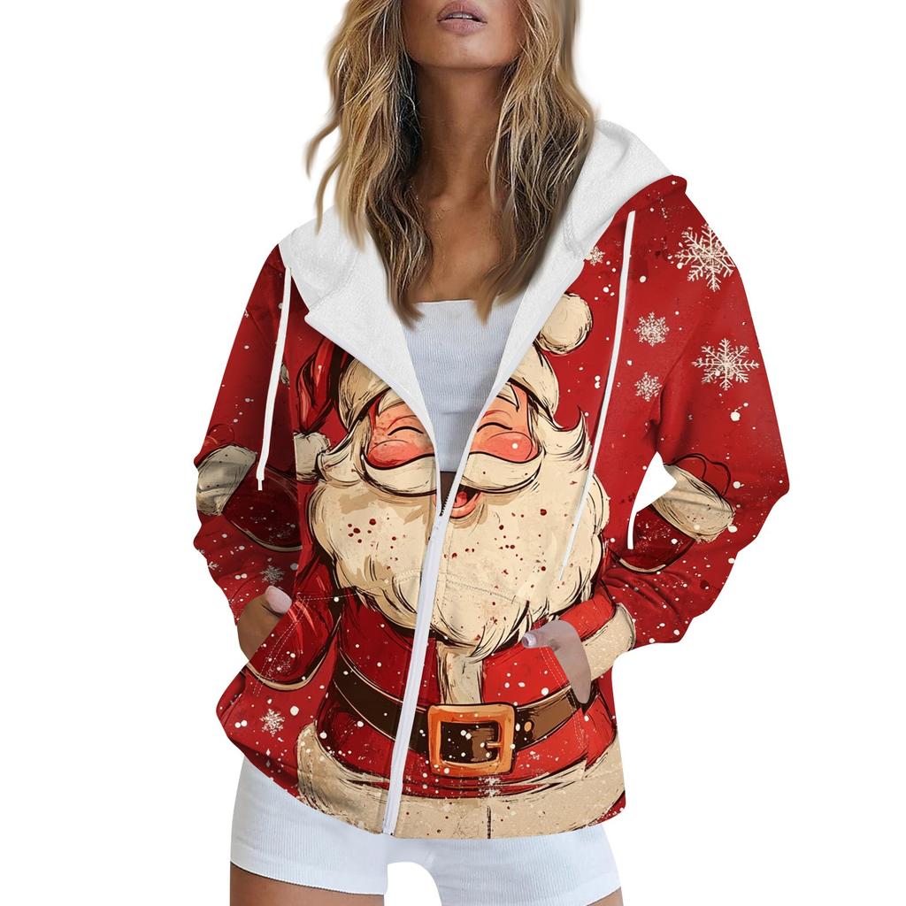 Women's Christmas Printed Sweatshirt Winter Long Sleeve Cardigan Jacket With Pockets Zipper Hoodie Outerwear
