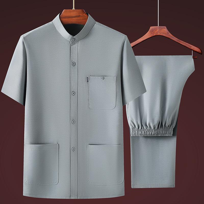 Middle-aged and Elderly Men's Summer Short-sleeved Shirt Stand-up Collar Thin Shirt Trousers Suit