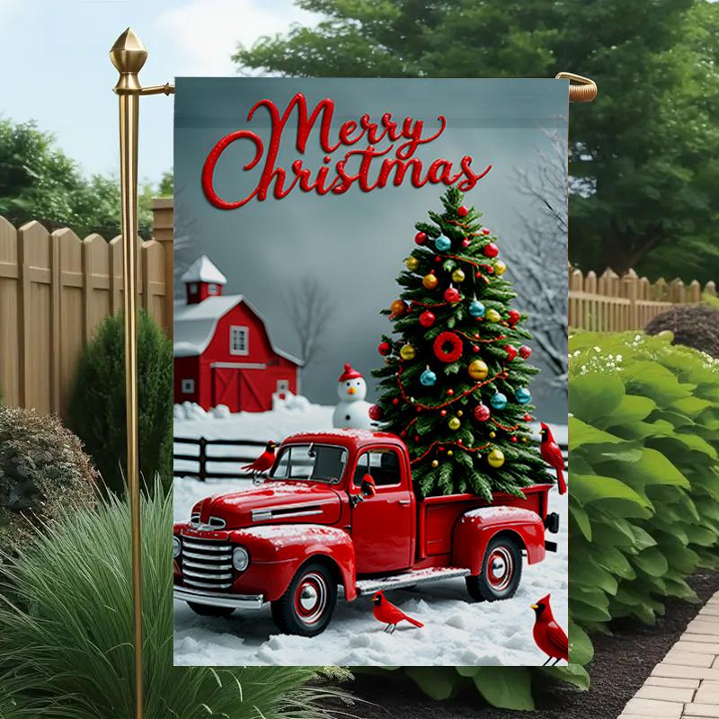 2D Flat - 2D Flat - 2D Flat, 1pc Garden Flag | Durable Polyester Material | 2D Design | Christmas Red Truck with Snowy Scene | Outdoor Decoration | T