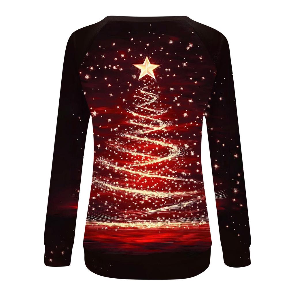 Женский повседневный модный рождественский принт с длинным рукавом и круглым вырезом, пуловер, топ
