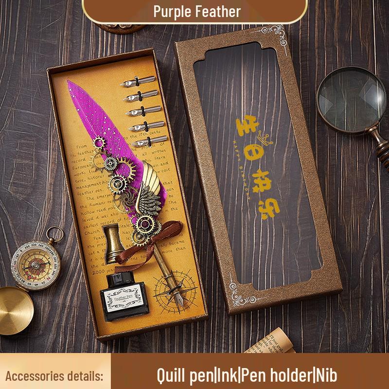 European Steampunk Quill and Ink Set with Wax Seal - Retro Fountain Pen Gift Box for Birthdays