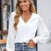 Fashion V-neck Loose Lace Patchwork White Shirt Women Elegant Vintage Lantern Sleeve Loose Women's Blouses Hollow Out Solid Casual Shirts New 26351
