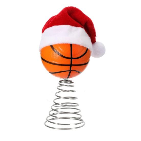 Rugby Christmas Tree Topper with Santa Hat Spring Base Bouncing Sports Ornament Fun Desk Decor for Holiday Parties Valentine's Day Gifts