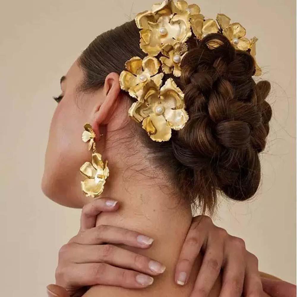 5pcs Hairstyle Tools Golden Flower Hair Forks Retro Wave Zinc Zinc Alloy Barrettes Pearl Side Clips Daily