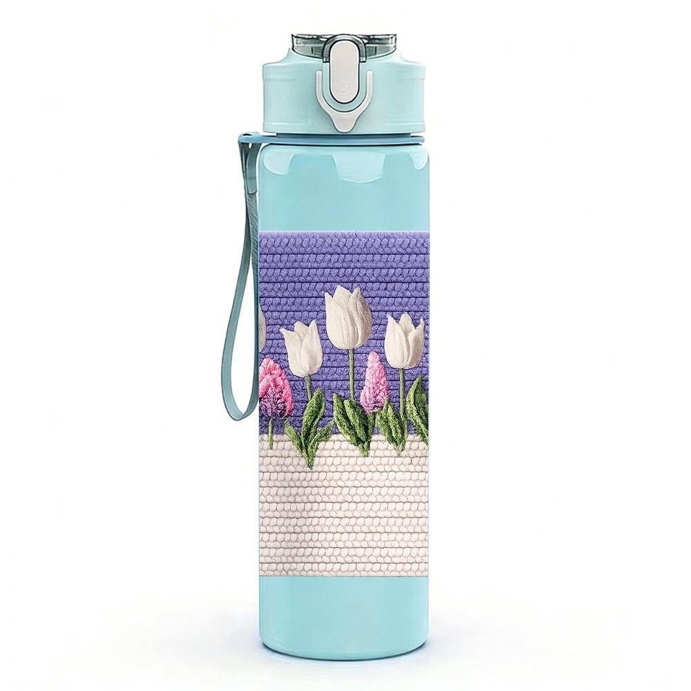 1PC Purple Tulip Flower Border Print 750ml Color Plastic Sports Water Bottle Leakproof Flip Straw Lid Suitable for Sports Office Home Use