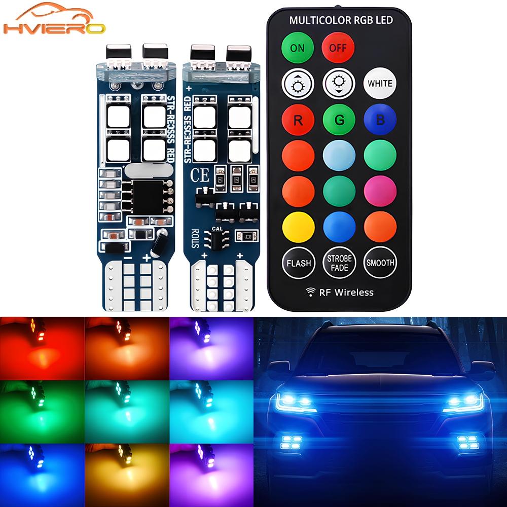 2pcs T10 W5W Remote Control RGB Led Bulb 12V Reading Car Parking Day Lamps License Plates Lamp Dome Turn Signal Clearance Light