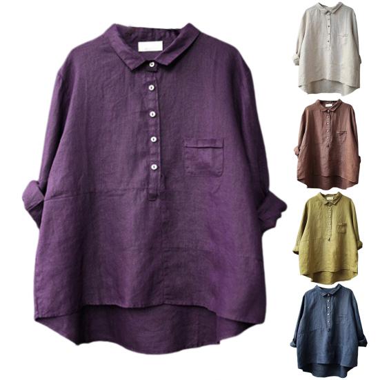 Women Shirt Turn-down Collar Long Sleeve Pullover Tops Buttons Half Placket Patch Pockets Casual Tops Solid Color Loose Fit Shirt