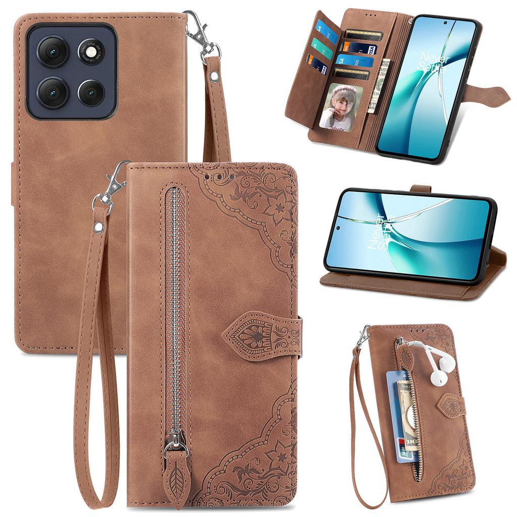 Wallet Case for Edge 70 Fusion+ 5G - Leather/PU, Brown, With Lanyard