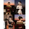 Hot Girl Style Knitted Suit 2025 Autumn and Winter New Style Terry Patchwork One-Shoulder Top High-Waisted Skirt Two-Piece Suit