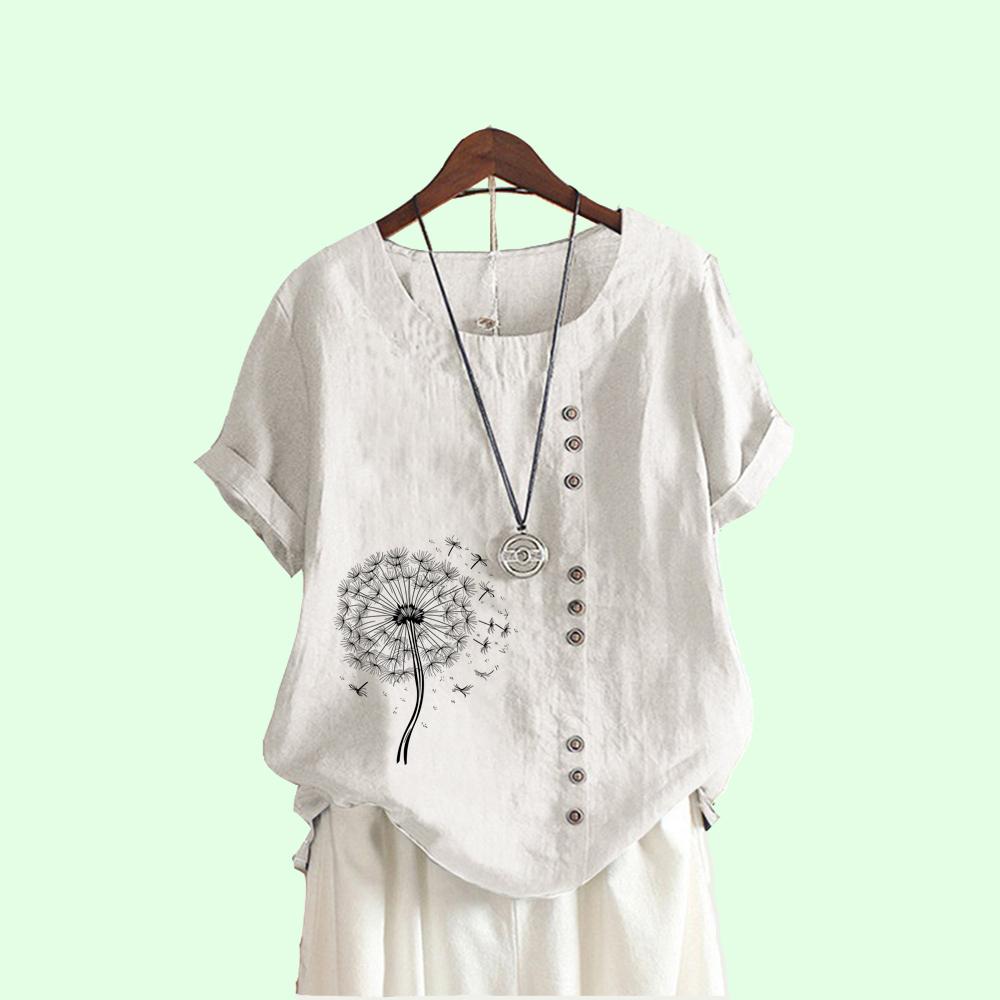 Women Fashion O Neck Blouse Summer Cotton Liene T-shirt Laides Pullover Loose Print Short Sleeve Top