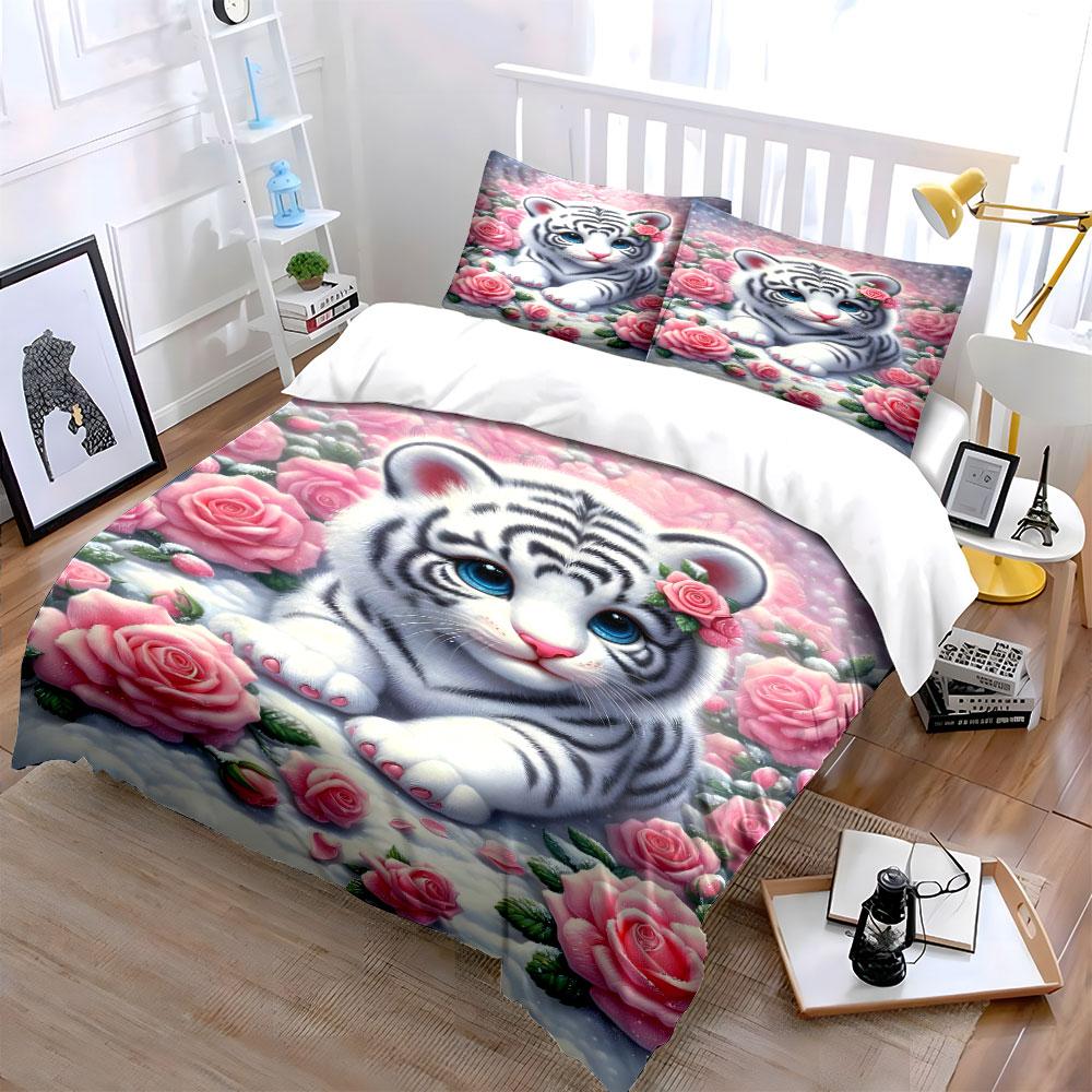 White tiger, pink roses. Bedding sets Duvet cover sets Duvet covers Pillowcases(1 * Duvet Cover 2 * Pillowcases without duvet insert)