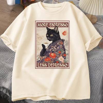 Больше эспрессо меньше депрессо юмористическая футболка женская черная кошка кофейная футболка Y2k лето женская футболка с коротким рукавом