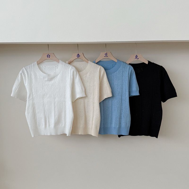 Топ женский вязаный с коротким рукавом и круглым вырезом, ажурный, в новом летнем стиле