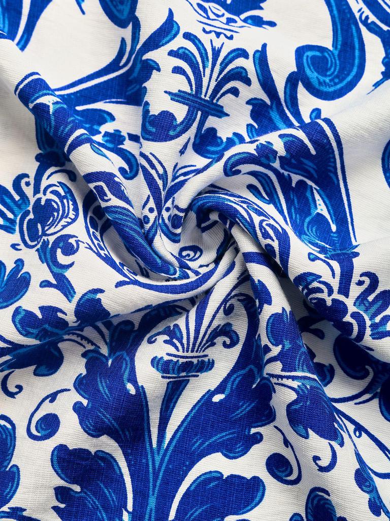 Summer Retro Style Blue & White Porcelain Print Halter Backless Split Dress