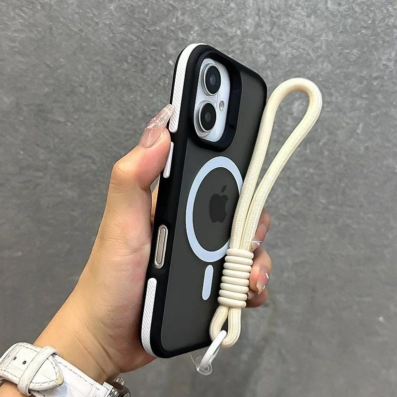 Роскошный матовый чехол для телефона Magsafe со шнурком для iPhone 17 16 15 14 13 12 11 17 Pro Max Air Магнитный цветной бампер Задняя крышка