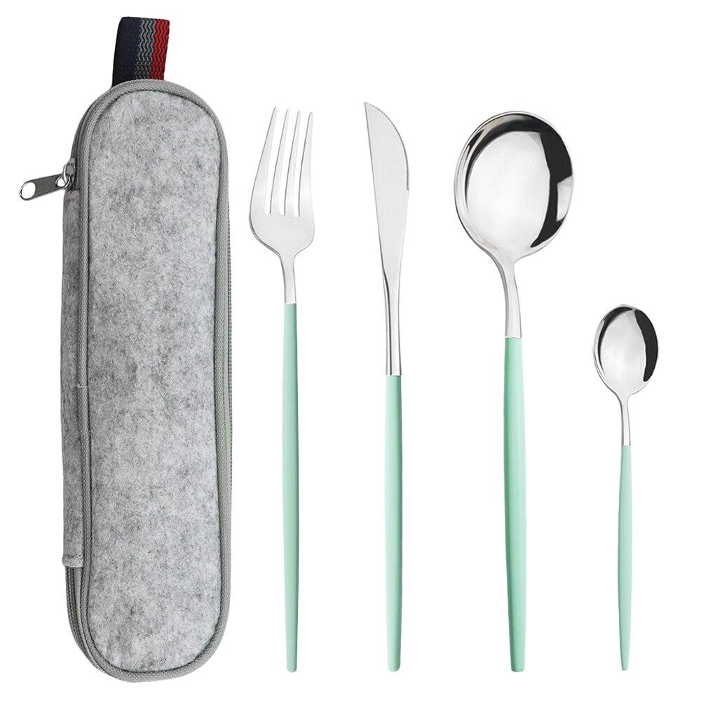 Мятно-зеленый, золотой набор столовой посуды, набор столовых приборов для кемпинга, нож, вилка, ложка с портативной серой сумкой, набор посуды из нержавеющей стали