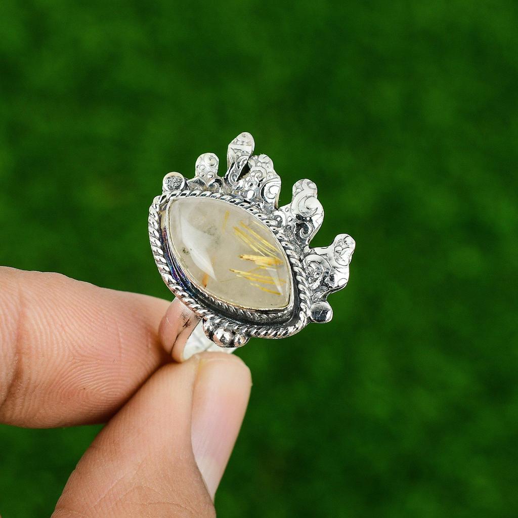 Natural Golden Rutile Gemstone 925 Silver Promise Adjustable Ring For Women