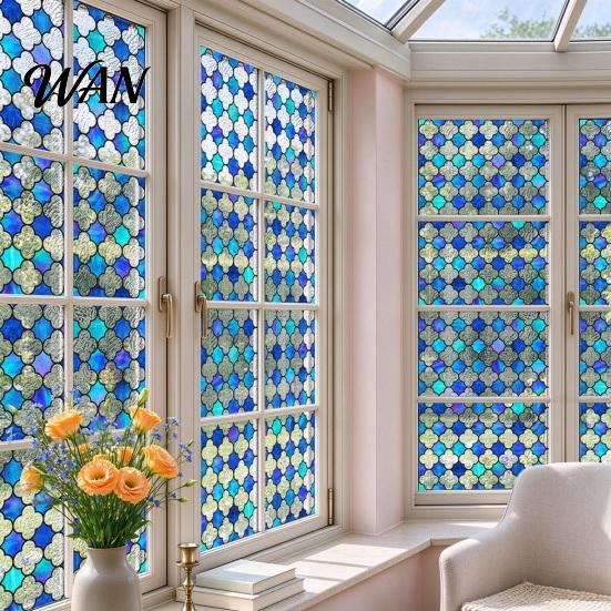 Decorative Window Film for Privacy Stained Glass Film, Retro Geometric Plaid Static Cling Decal, Double Heat Control Sided PVC Removable Sticker Doors