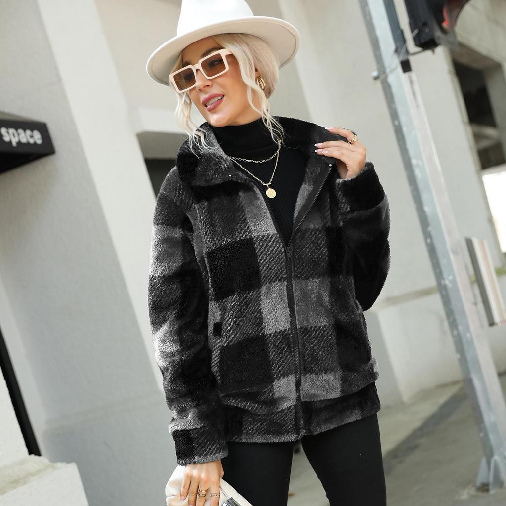Женские куртки из флиса в клетку на молнии с плюшевыми длинными рукавами на осень-зиму и весну, верхняя одежда средней длины, модная уличная повседневная одежда