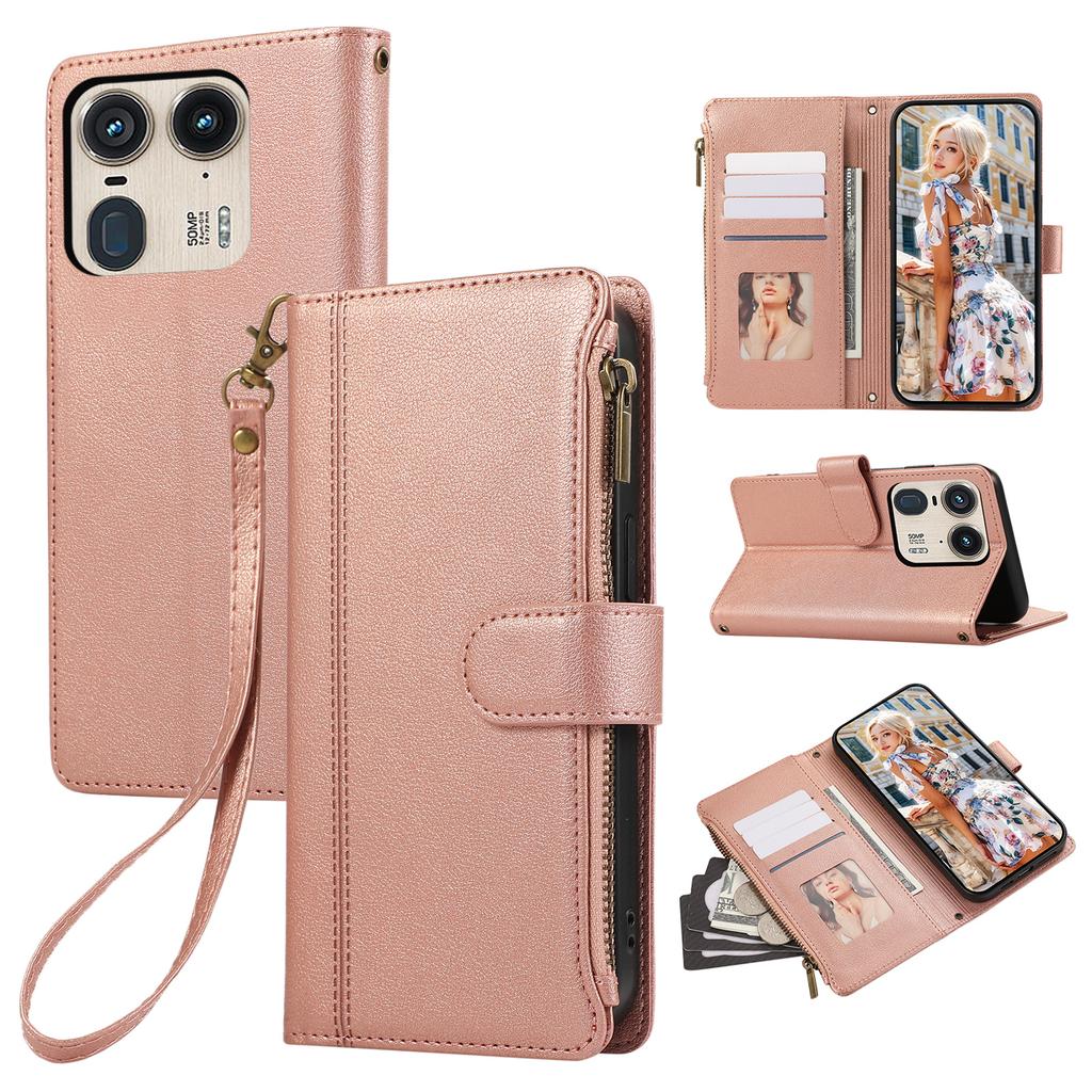 For Motorola Edge 50 Ultra 5G Case Multi Card Slots Zipper Leather Phone Cover with Wrist Strap