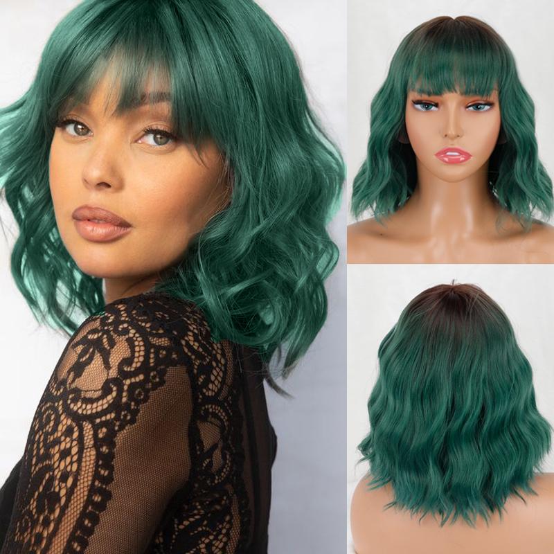 LISI HAIR Short Wave Bob Pink White Gradient Wig with Bangs Synthetic Fiber Short Wavy Daily Wear Cosplay Wig for Women