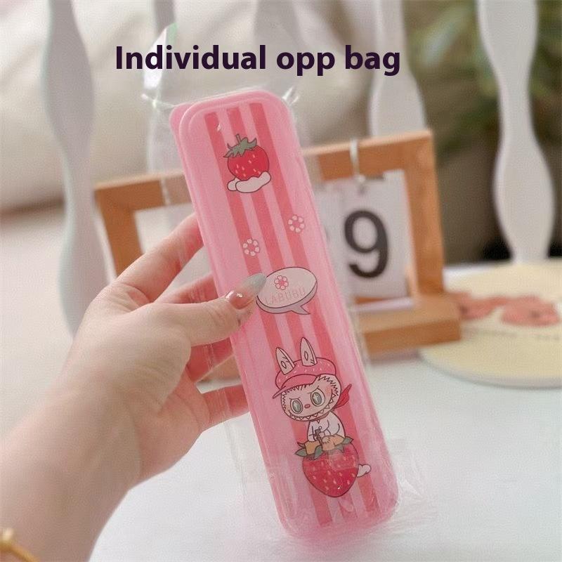 Набор портативной посуды Labubu из двух предметов, мультяшные вилка и ложка из нержавеющей стали, коробка для хранения, студенческий портативный набор столовой посуды