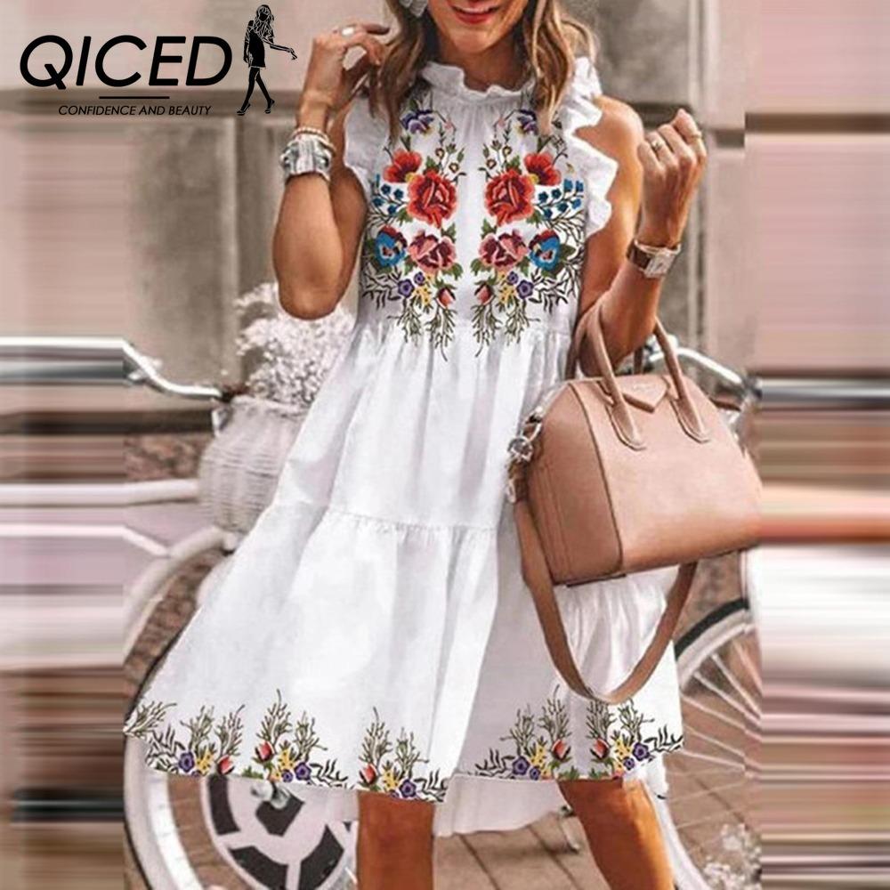 QICED Women Floral Print Dress Loose Streetwear Knee Length Sleeveless Ruffle Party Dress S-3XL