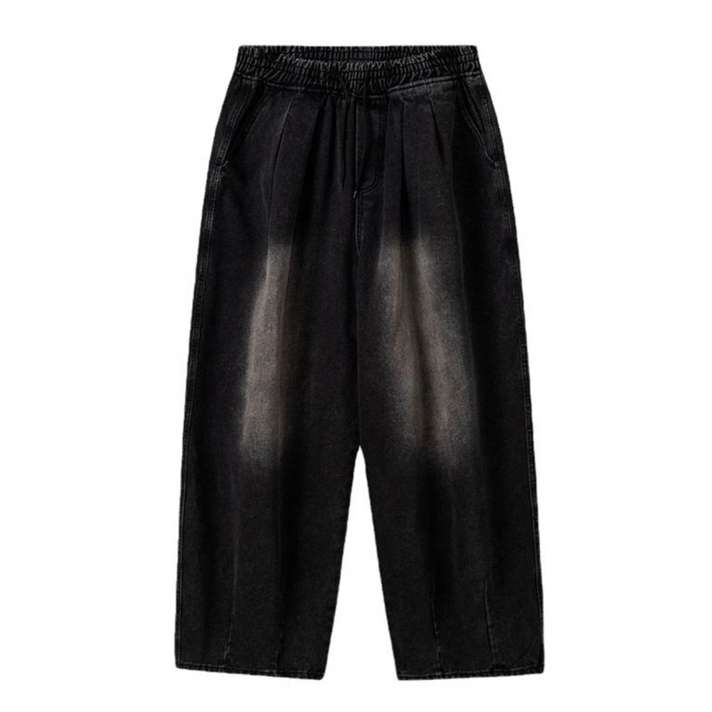 Men Jeans Elastic Waist Drawstring Wide-Leg Jeans Street Style Distressed Design Draped Denim Trousers