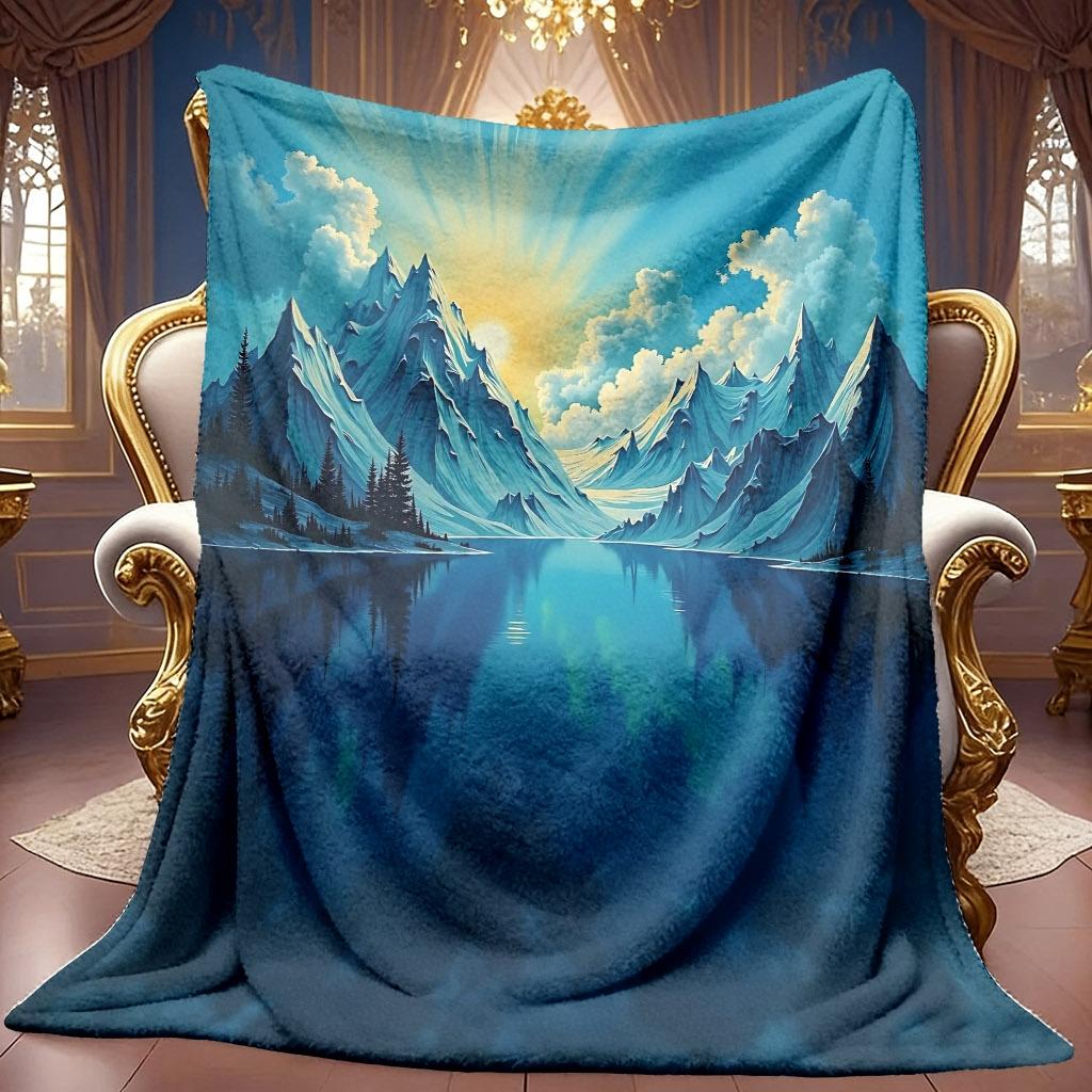 1pc 2D Snowy Mountain Sunrise Lake Theme Pattern Flannel Blanket, Soft HD Digital Print, Cooling Blanket All-Season Use! Soft And Breathable 100% Poly