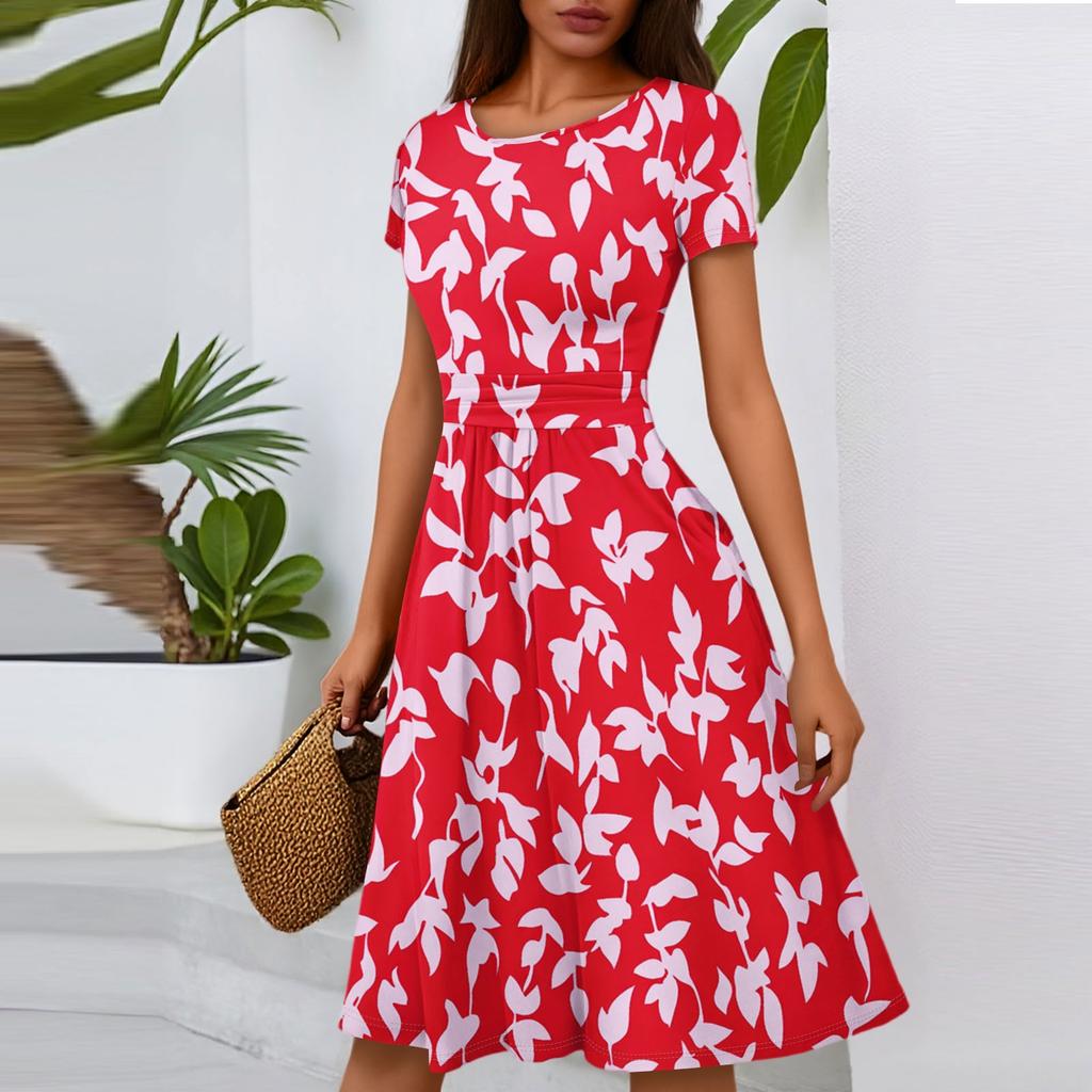 Women's Casual Fashion Round Neck Pleated Short Sleeve Floral Print A-Line Midi Dress