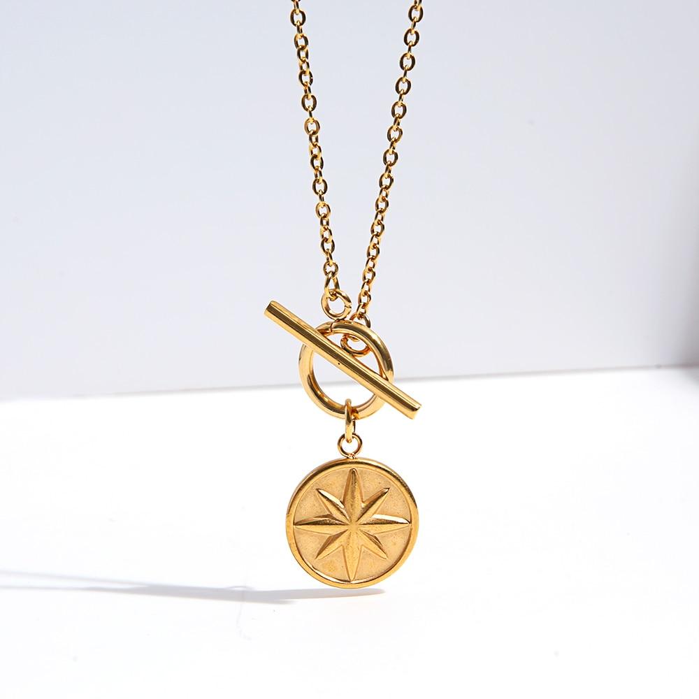 Six -Pointed Star Necklace For Women Stainless Steel Coin Toggle Necklace Medallion Choker Collier Joyas De Muje
