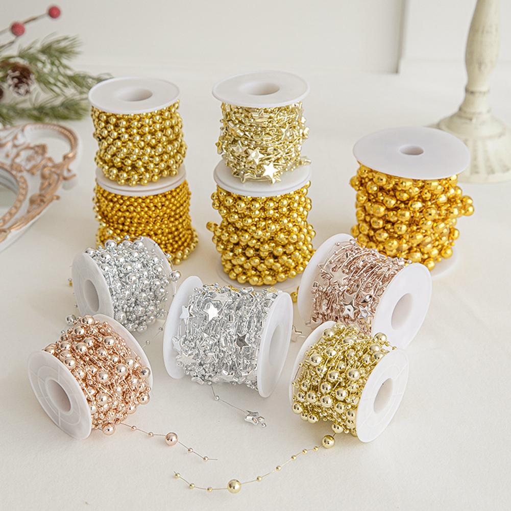 5M/10M Christmas Tree Pearl String Imitation Pearl Beads Chain Metallic Gold Bead Wire Trim for DIY Garland Wedding Party Decor