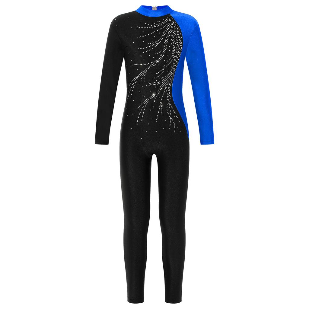 Kids Girls Long Sleeve Shiny Rhinestone Decor Dance Slim Fit Gymnastics Skating Leotard Jumpsuit